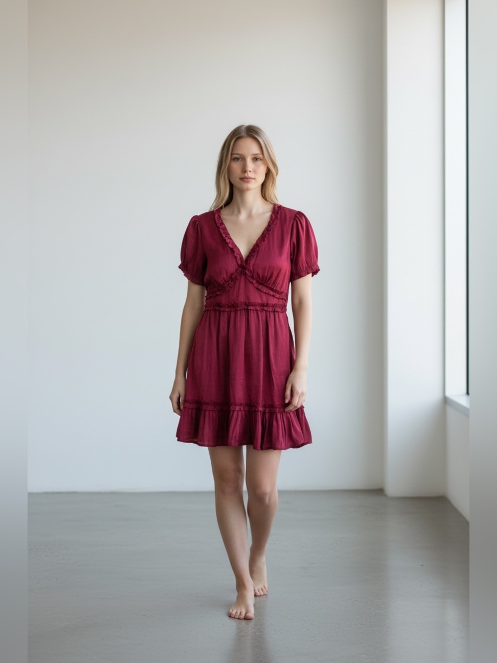 Heart & Heels Berry Pink Satin Ruffle Puff Sleeve V-Neck Mini Dress